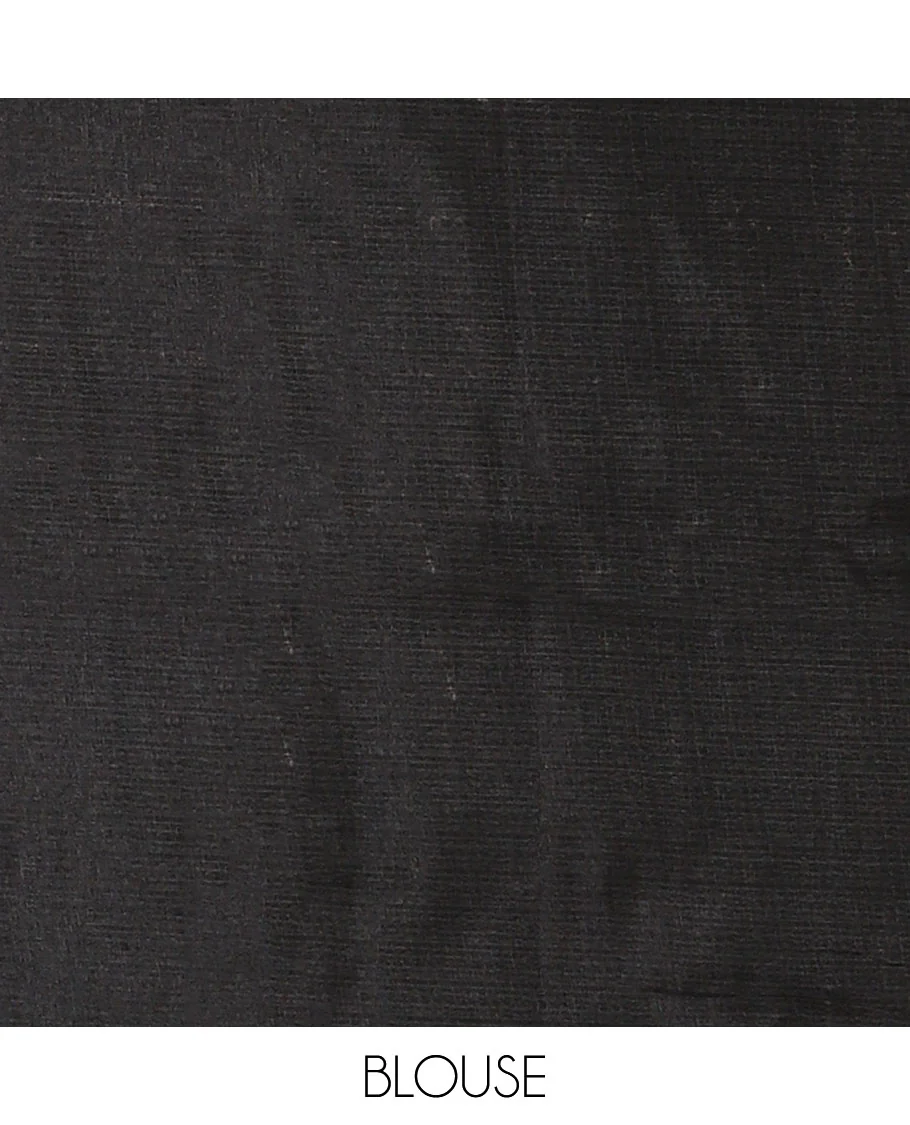 Black-base plain body khadi cotton saree with batik-style yellow-color radiant sunburst design on its border & pallu, plain black blouse - Image 4