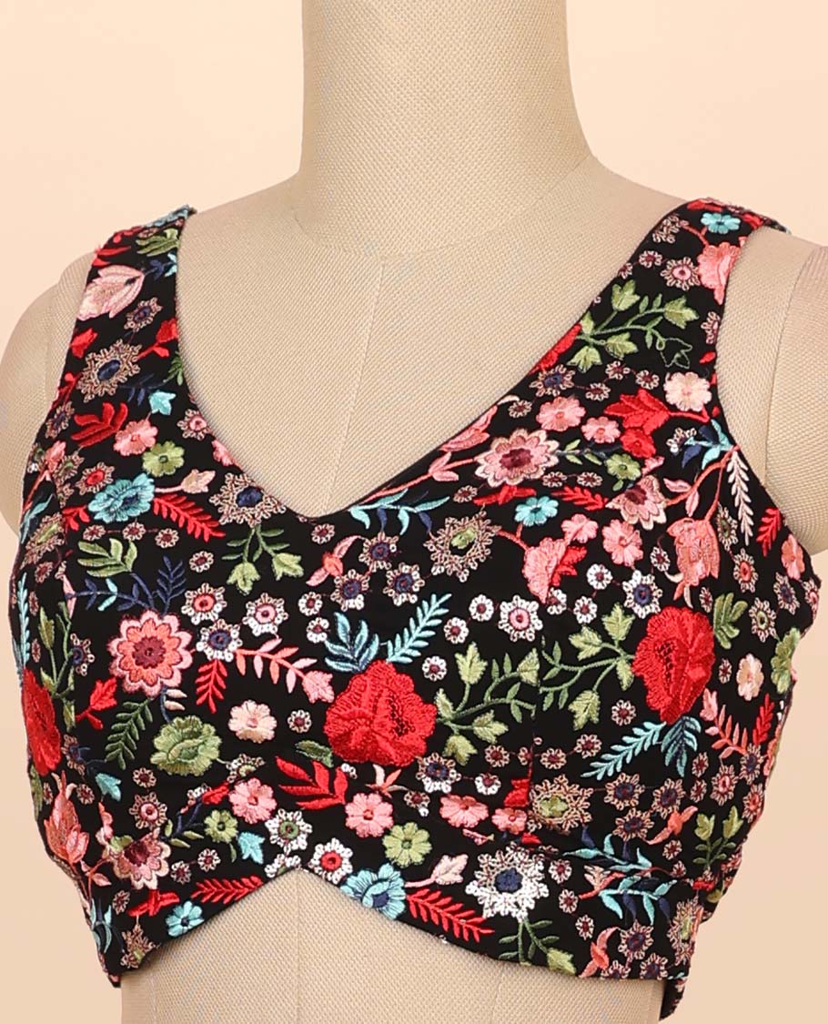 Black floral embroidered front & back deep v-neck raw-silk readymade sleeveless blouse - Image 3