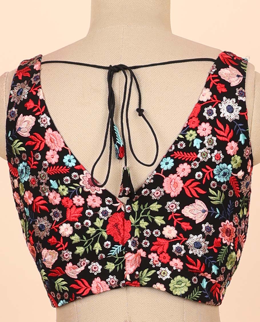 Black floral embroidered front & back deep v-neck raw-silk readymade sleeveless blouse - Image 4