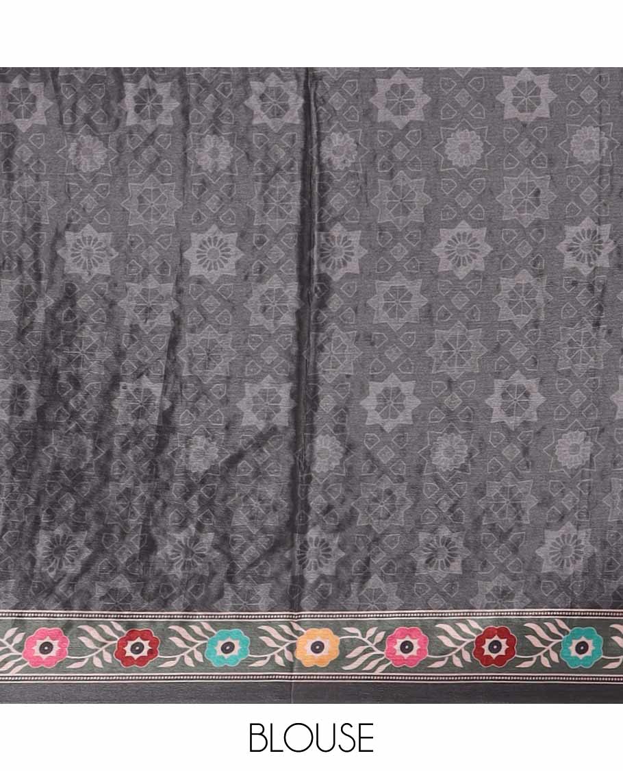 Black floral & star print & mirror work masakali saree, self-border & pallu of print & mirror work, printed blouse - Image 4