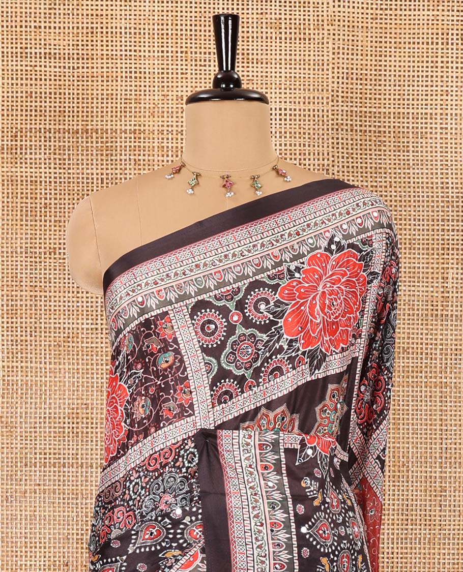 Black geometric and floral printed with mirror work masakali saree, self-border, printed and mirror work pallu, and a matching blouse - Image 3