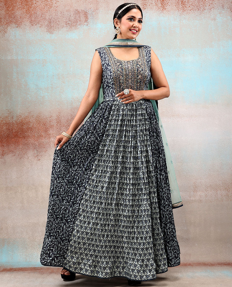 Black patola Silk Anarkali Printed with intricate designs & front neck embroidered,contrast net dupatta with lace border - Image 4