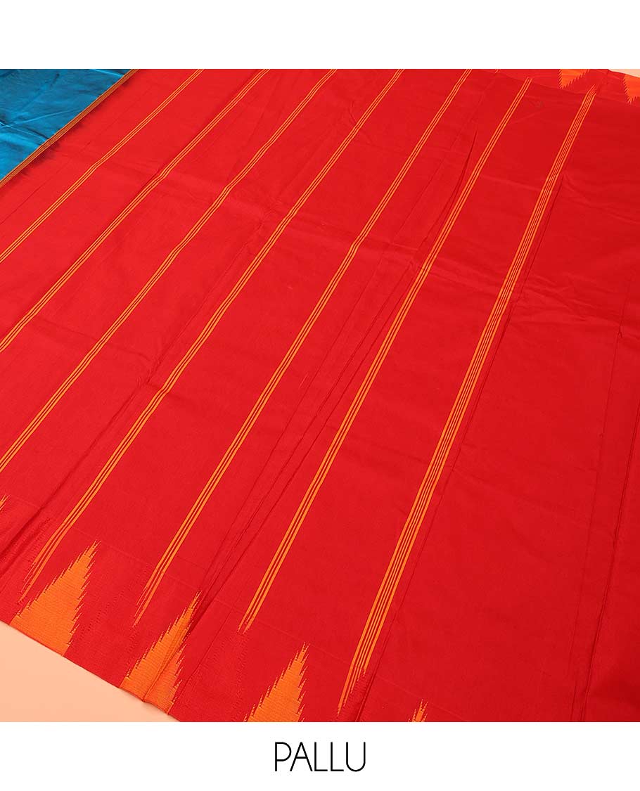 Blue plain Bangalore silk saree, contrast temple border, and striped pallu - Image 5