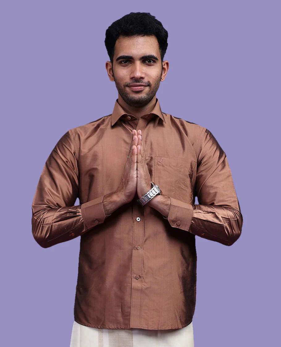Brown plain design full-sleeve pure-silk shirt - Image 15