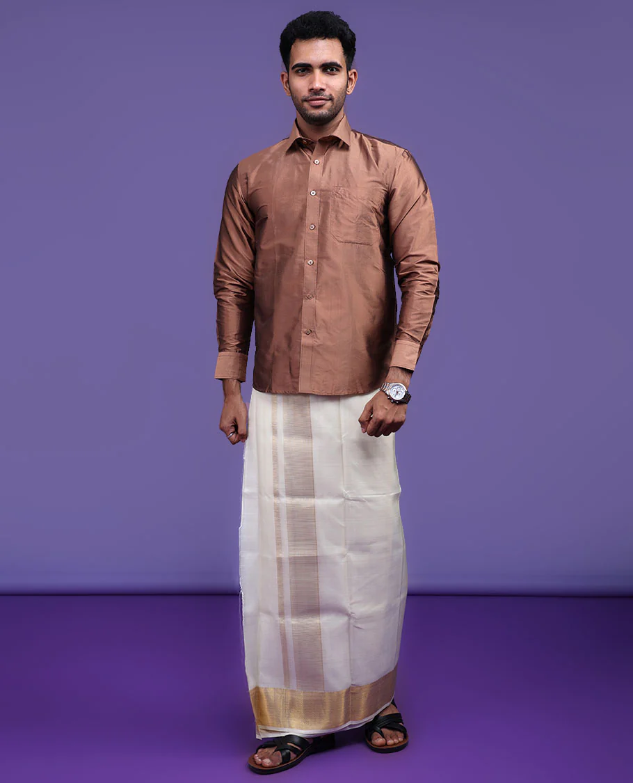 Brown plain design full-sleeve pure-silk shirt - Image 16