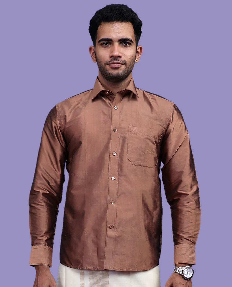 Brown plain design full-sleeve pure-silk shirt - Image 19