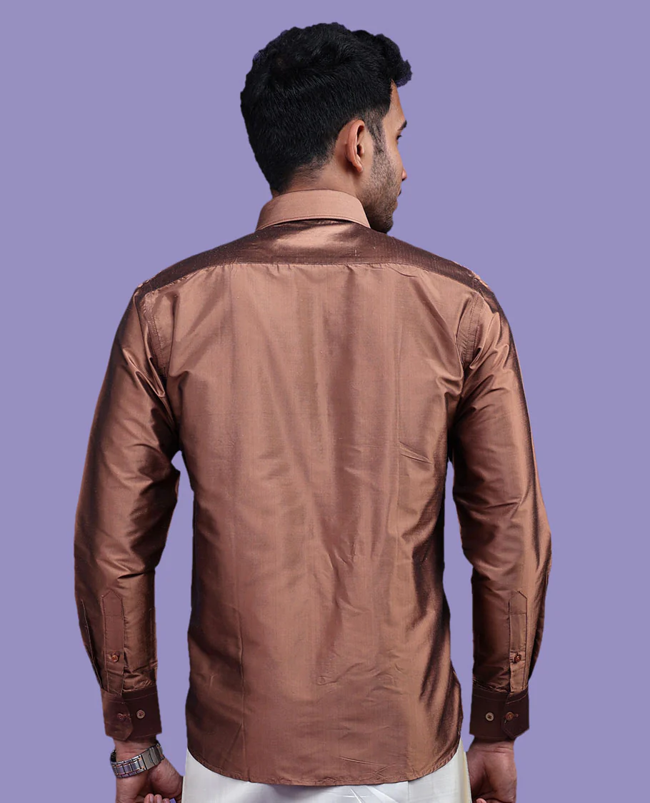 Brown plain design full-sleeve pure-silk shirt - Image 6