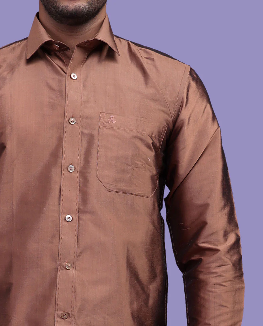 Brown plain design full-sleeve pure-silk shirt - Image 8