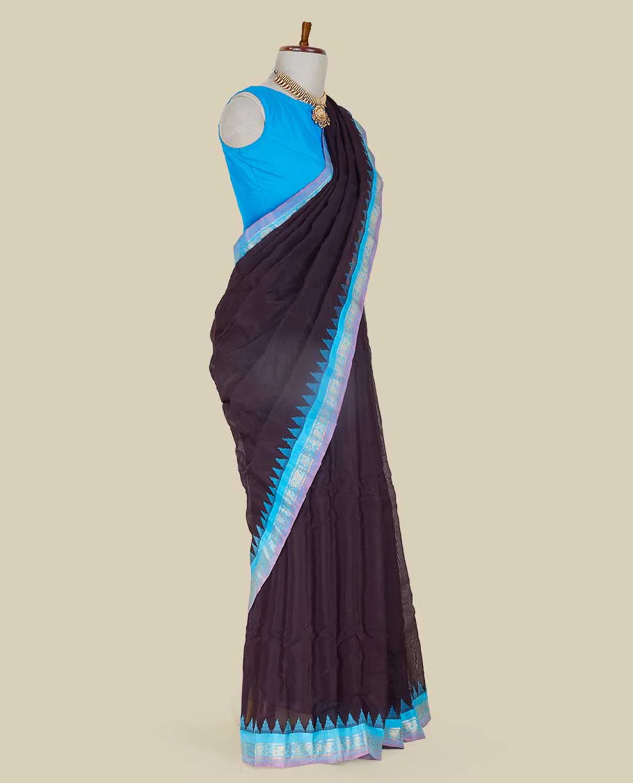 Classy black gadwal cotton saree with contrast vibardha border & zari design enriched pallu - Image 3