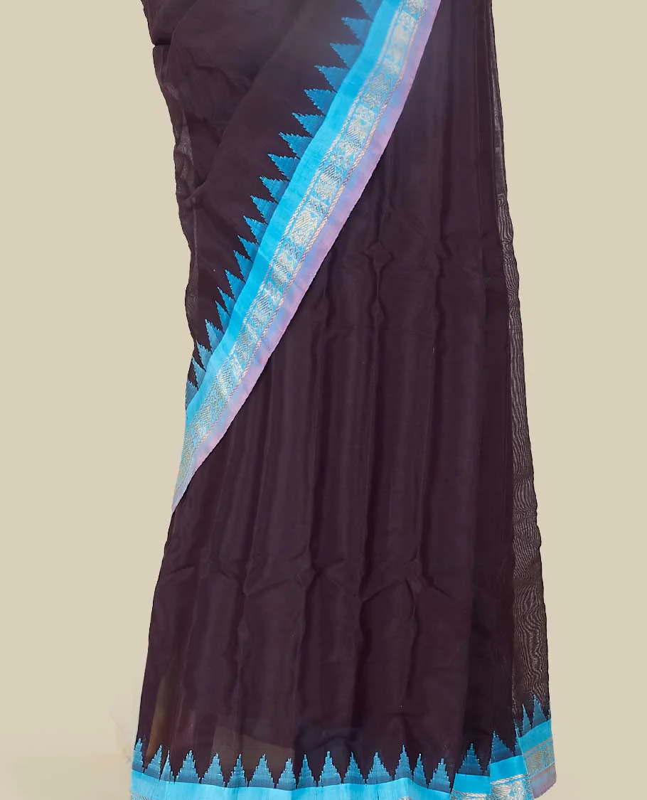 Classy black gadwal cotton saree with contrast vibardha border & zari design enriched pallu - Image 4