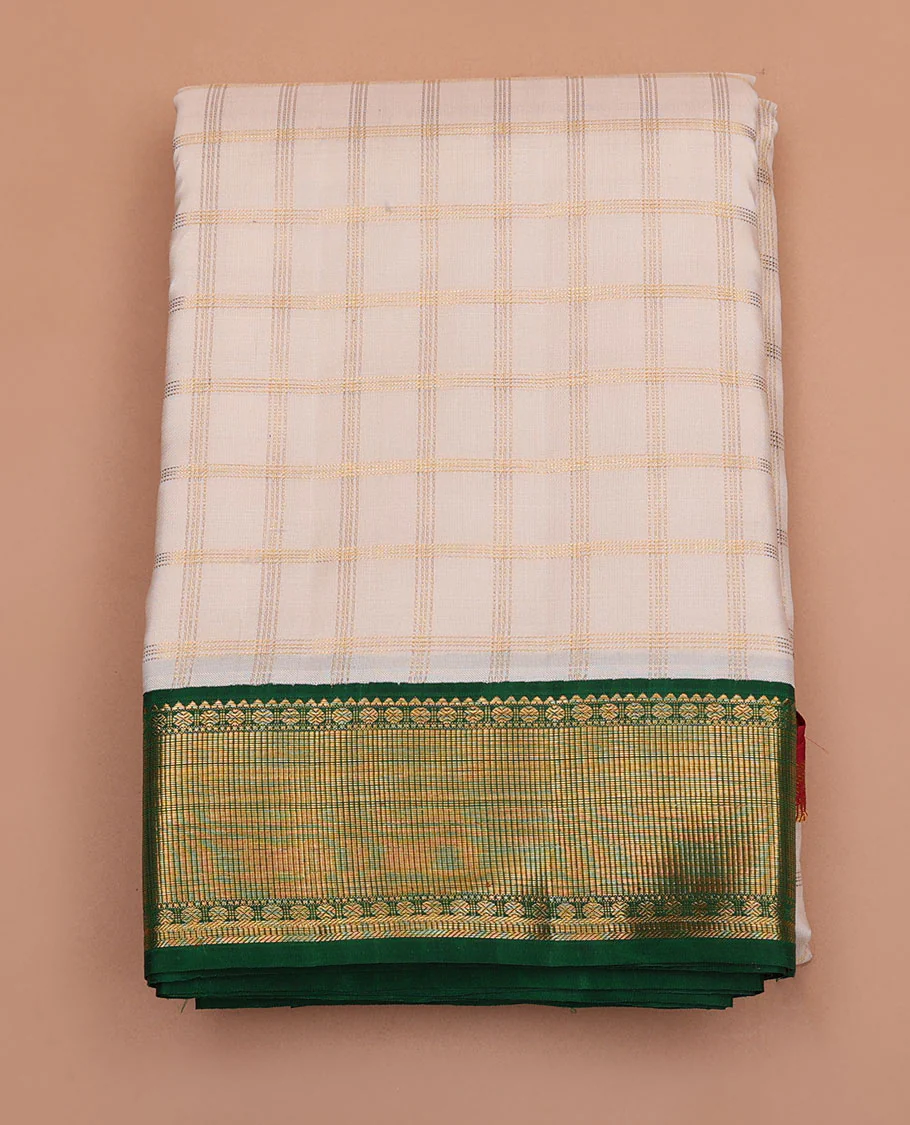 Cream golden zari checked design pure silk double-layer dhoti with contrast ganga jamuna border of traditional zari designs - Image 3