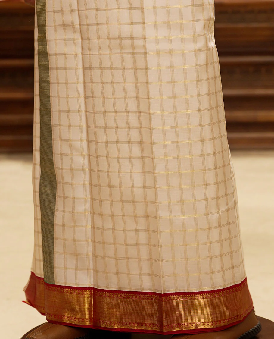 Cream golden zari checked design pure silk double-layer dhoti with contrast ganga jamuna border of traditional zari designs - Image 4