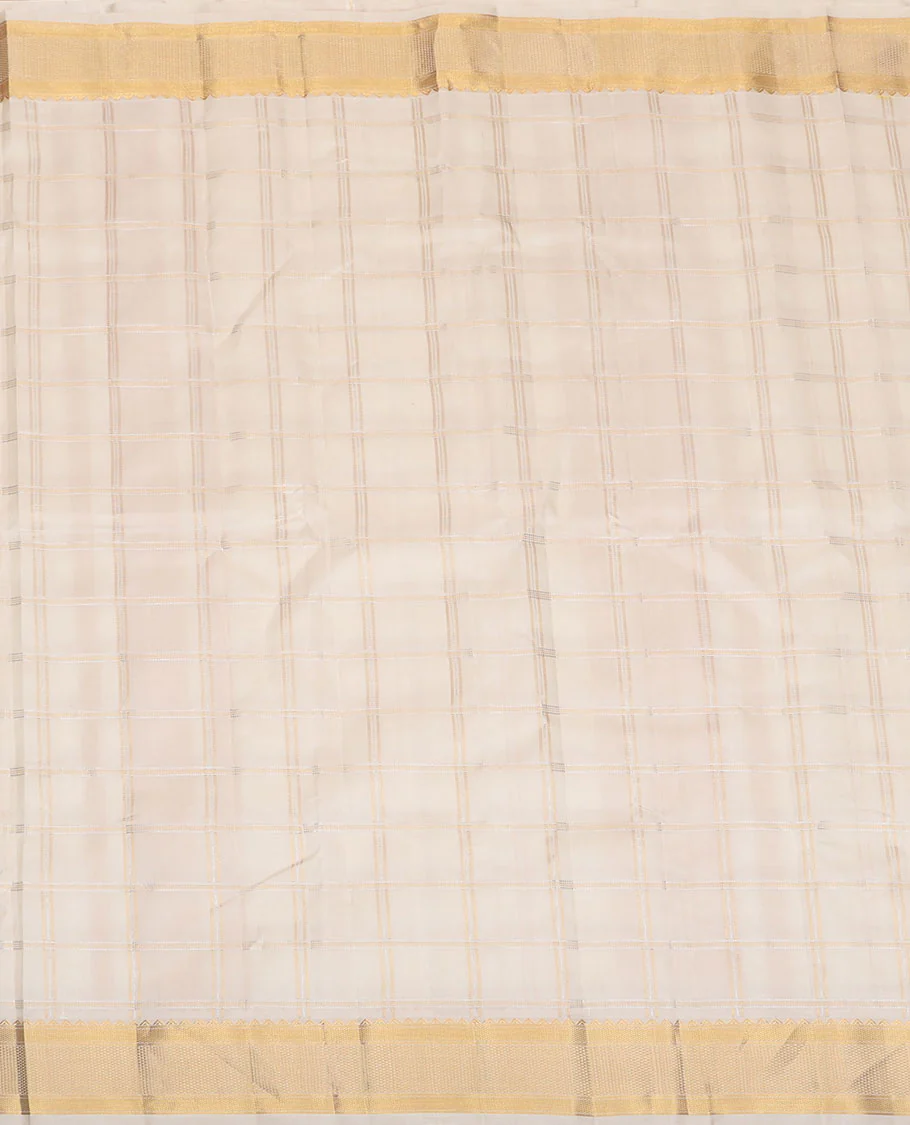 Cream Muthu zari checked pure silk double-layered dhoti with zari border of rekku, banaras, kuyil kann & ara maadam - Image 3