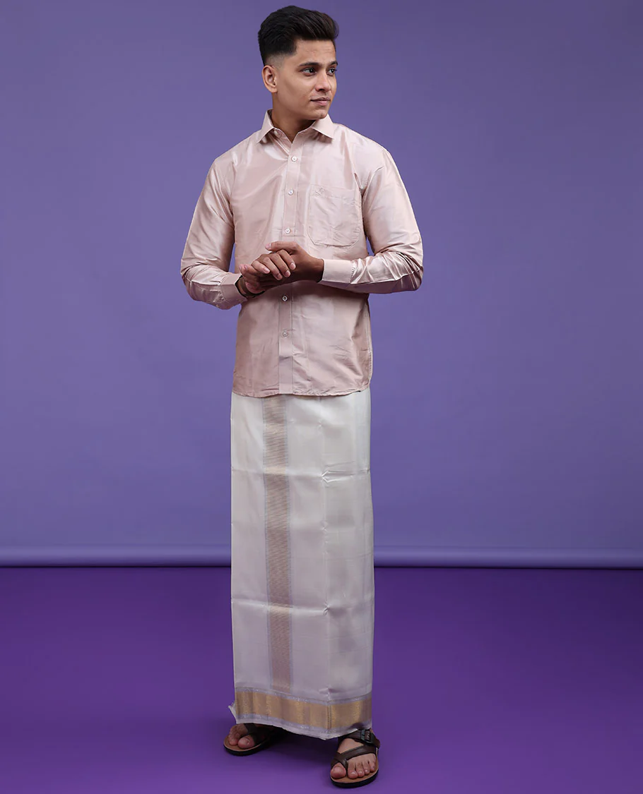 Cream plain design full-sleeve pure-silk shirt - Image 4