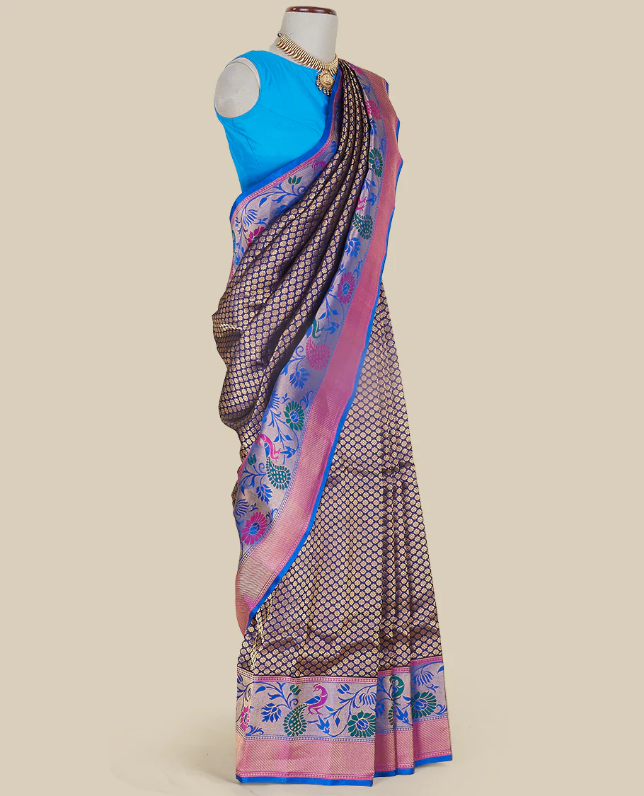 Dark blue gadwal saree with all-over floral buttas, contrast border & pallu of peacock , paisley & intricate floral ogee - Image 3