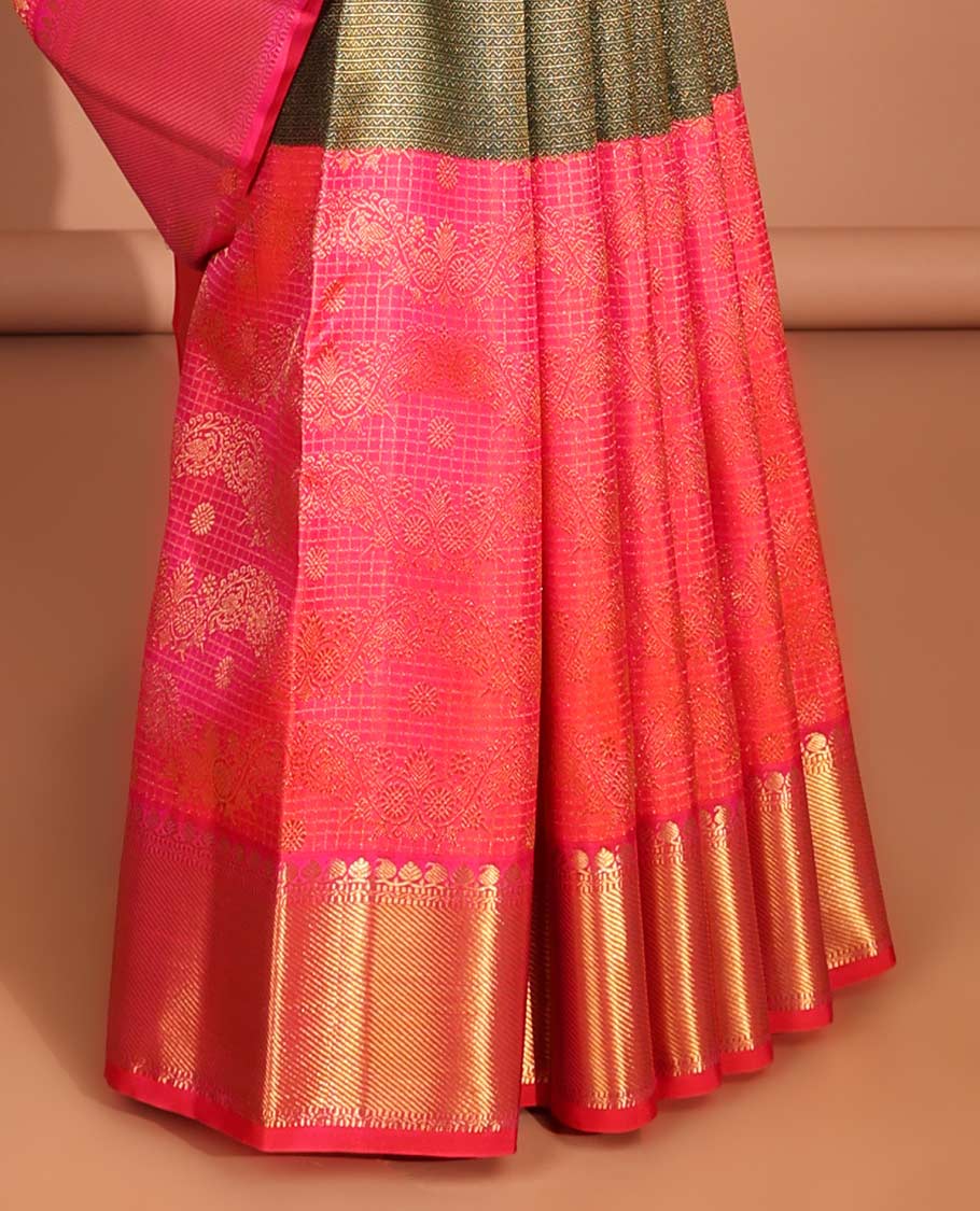 Green& red jacquard wedding silk saree with contrast border of paiselys, banaras design & traditional zari pallu - Image 4