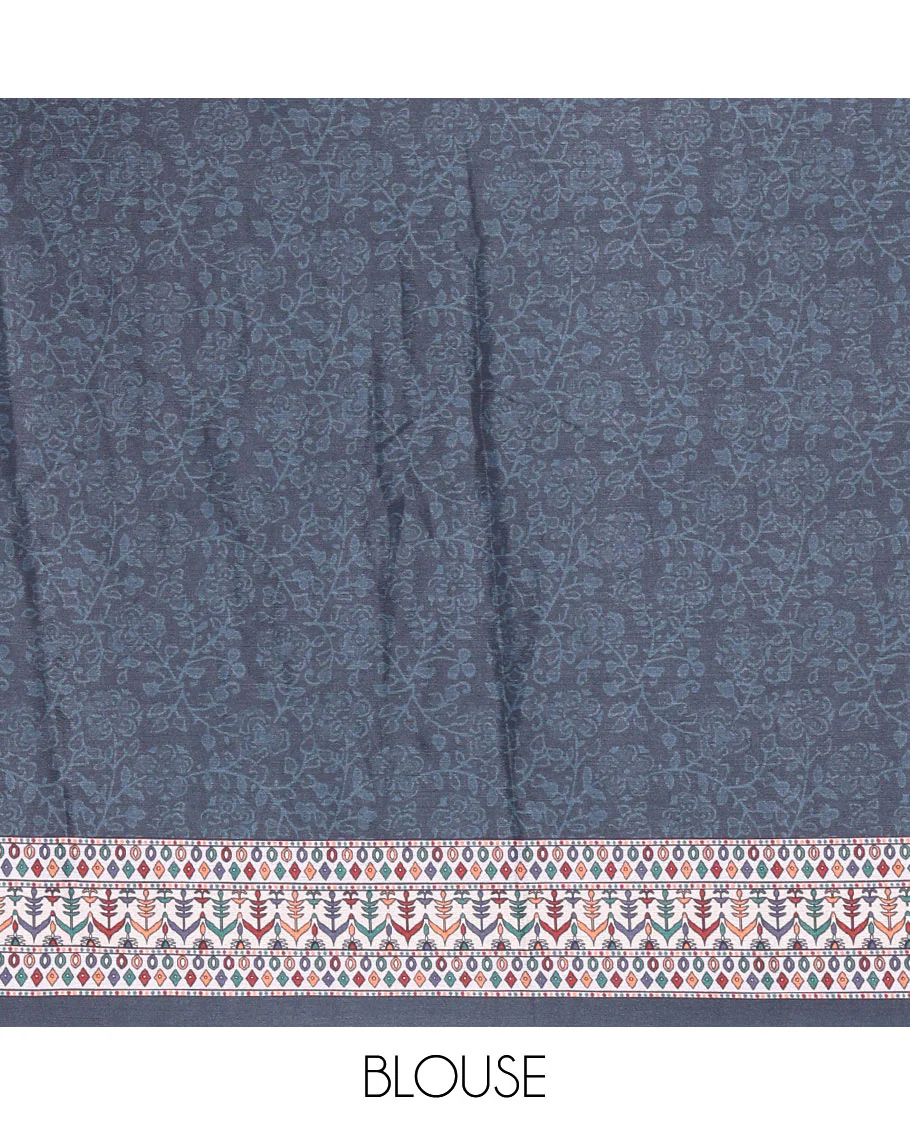 Grey geometric patterns batik style printed and mirror work masakali saree, printed border, geometric printed pallu, and a matching blouse - Image 6