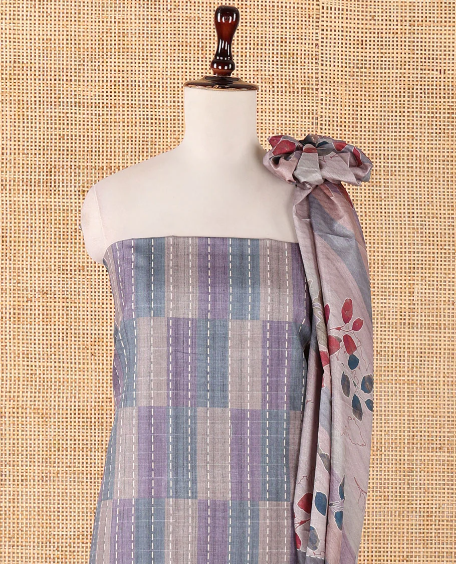 Grey semi-tussar material chudidar set,geometric & kantha print top,heathered plain bottom & dupatta of geometric & floral print - Image 4
