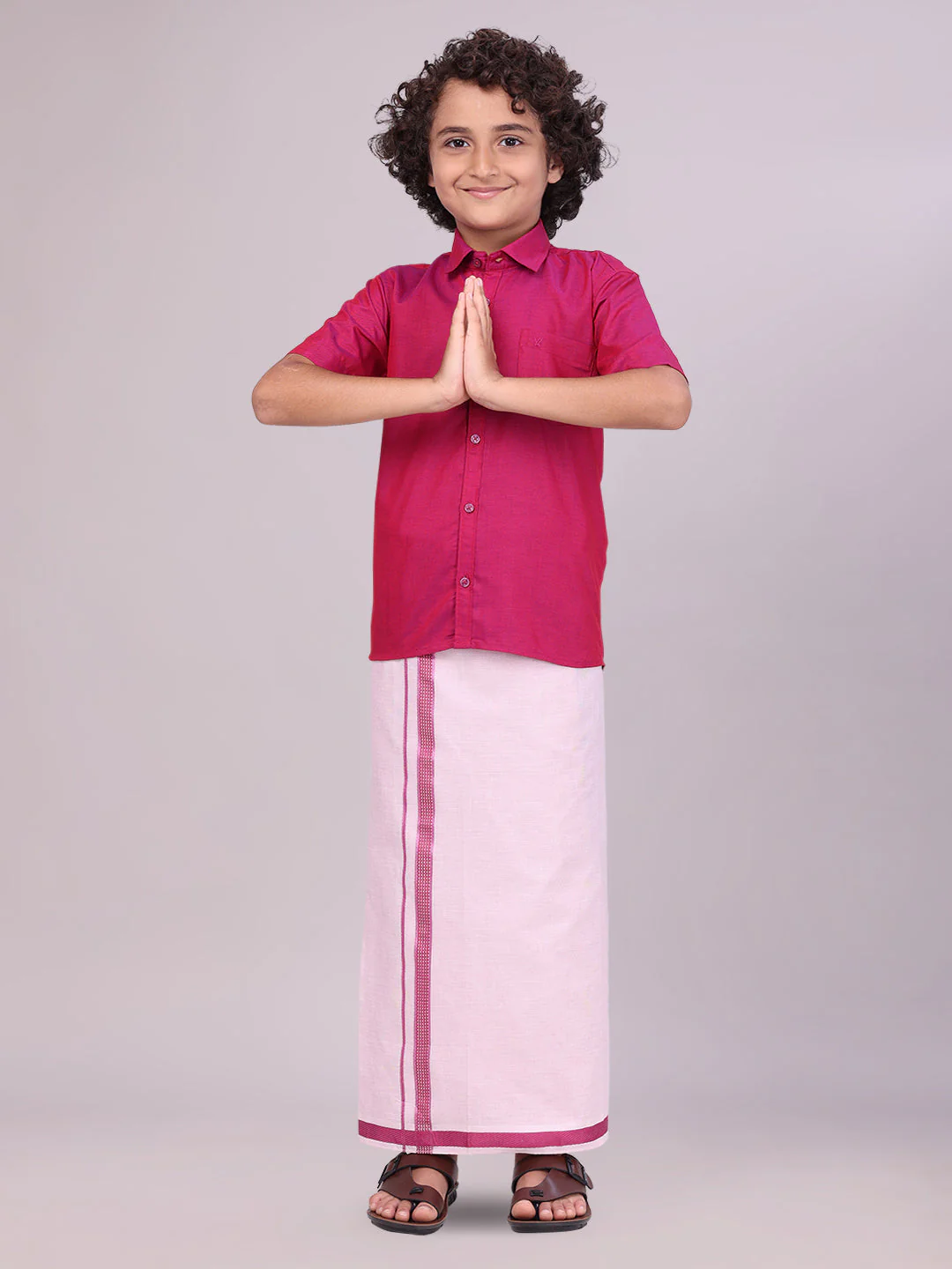 Kids Cotton Magenta Shirt with Tissue Matching Border Dhoti Combo Skillful Boy - Image 3