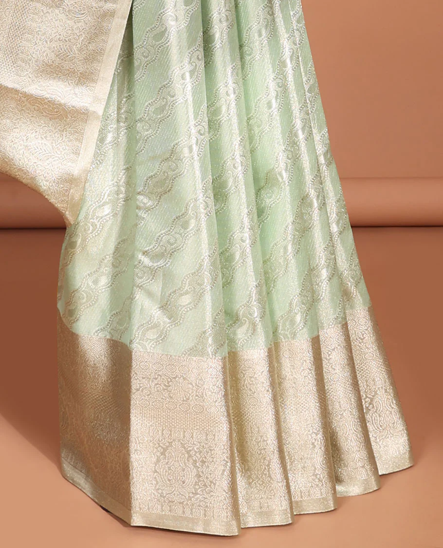 Green striped floral design kancheepuram tissue silk saree with self traditional zari border & intricate zari pallu - Image 4