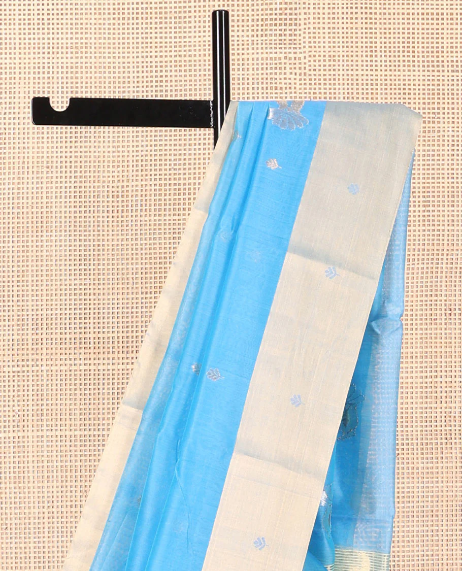 Light blue motifs chanderi cotton saree with contrast zari border & striped pallu - Image 3