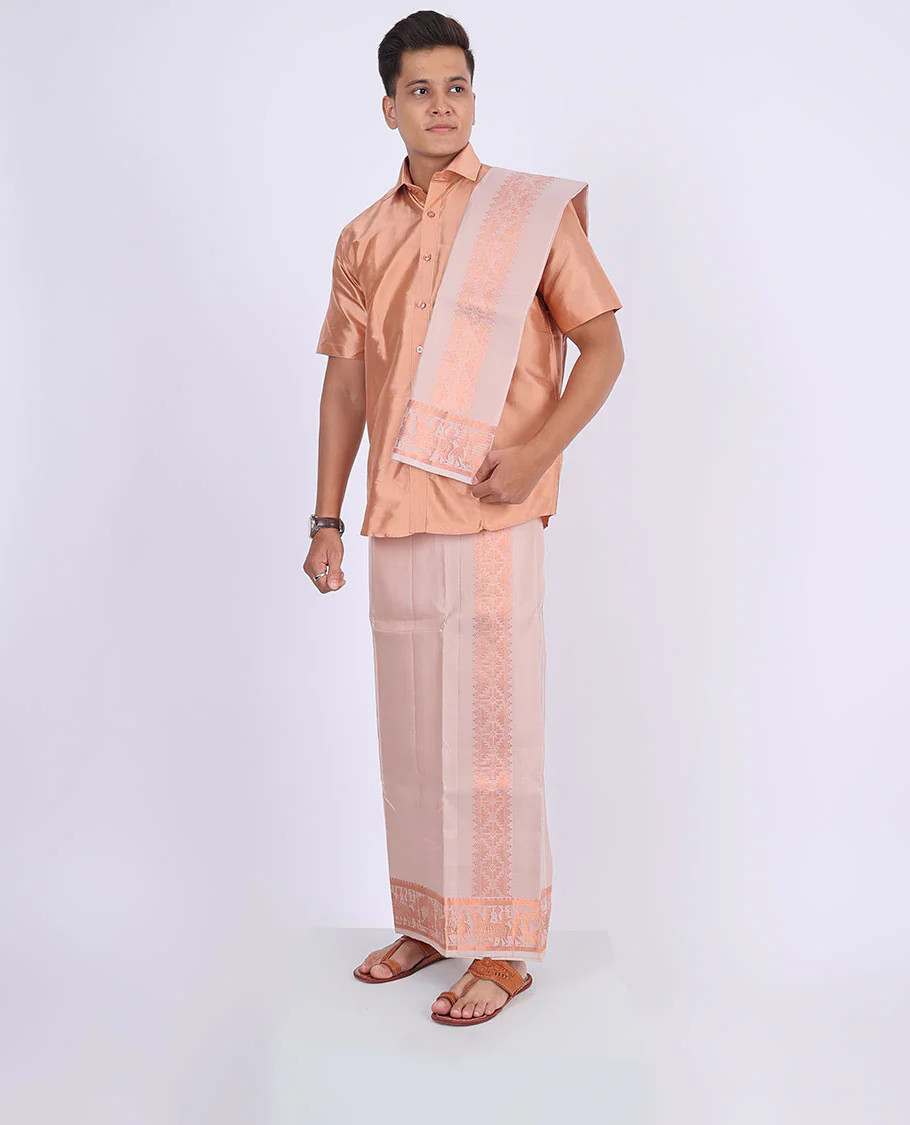 Light grey wedding-theme motifs woven zari border double-layer Kanchipuram wedding pure silk dhoti & angavastram - Image 3
