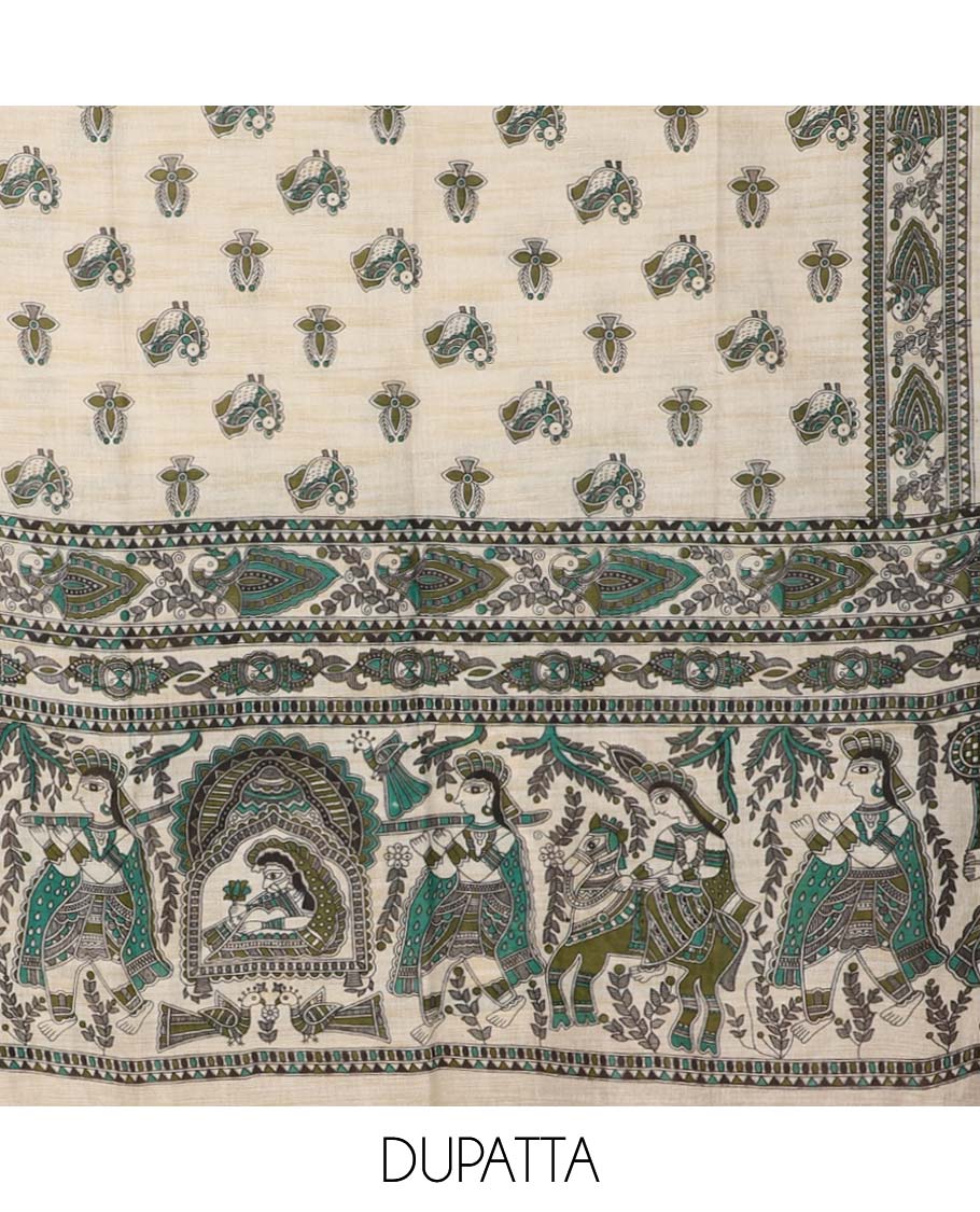 Mehendi green madhubani print design bhagalapur cotton chudidhar material top with cotton material daman madhubani ptint pants & madhubani printed dupatta - Image 5