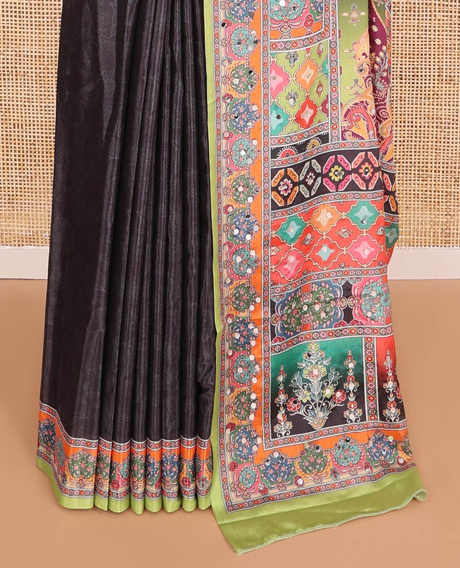 Multi-color printed, mirror work synon silk saree with printed border & printed rich pallu along with plain blouse - Image 4