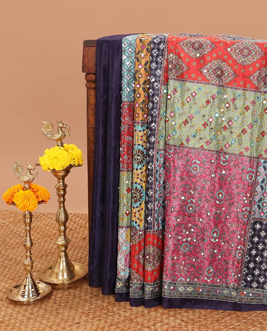 Multi-color printed, mirror work synon silk saree with printed border & printed rich pallu along with plain blouse - Image 3