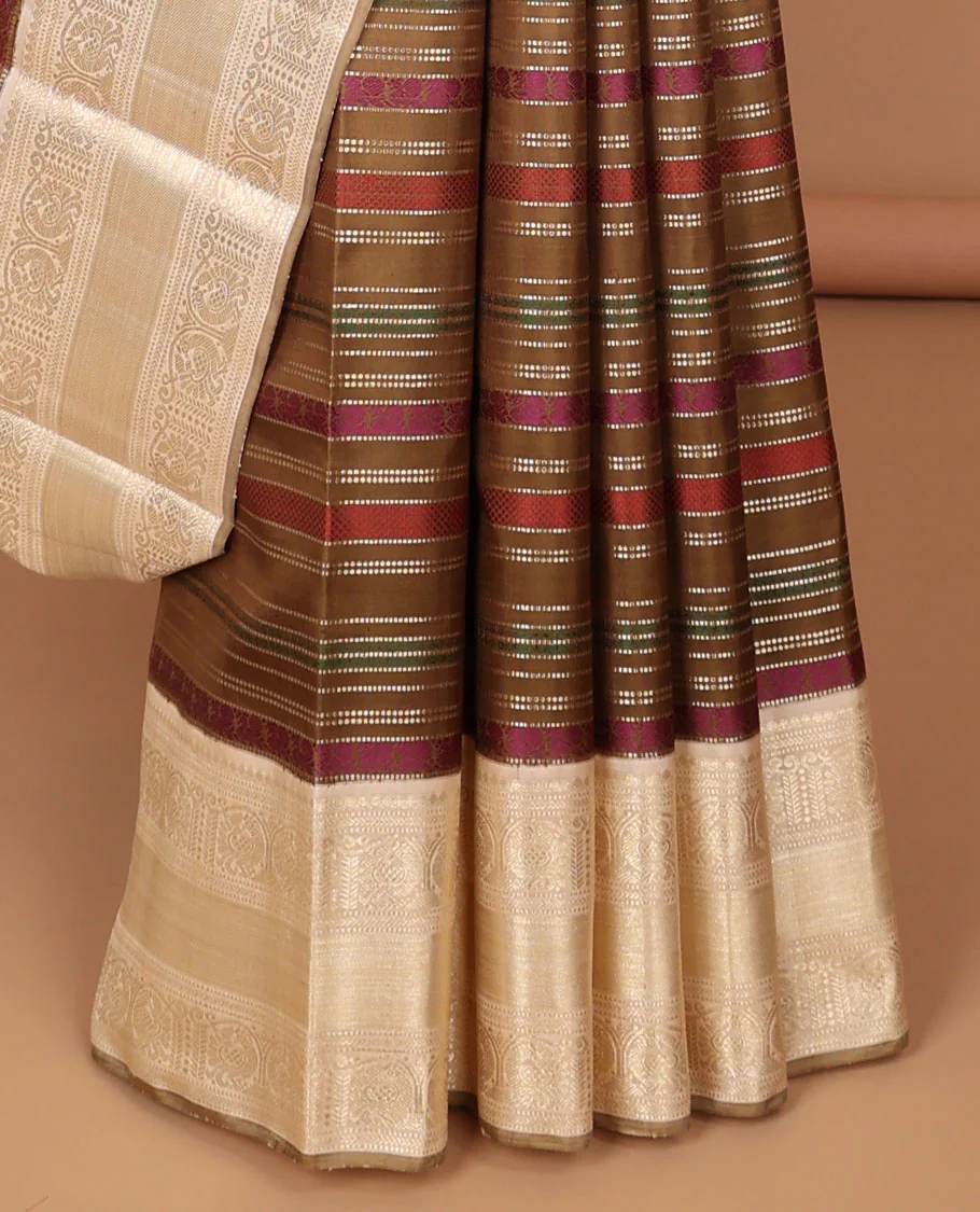 Multi-color striped design kancheepuram silk saree with contrast traditional design border & intricate zari design pallu - Image 4