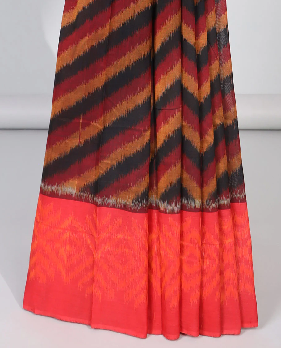 Multi colored striped ikkat cotton saree with contrast border & geomentric design pallu - Image 3
