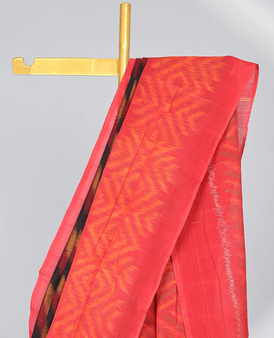 Multi colored striped ikkat cotton saree with contrast border & geomentric design pallu - Image 4