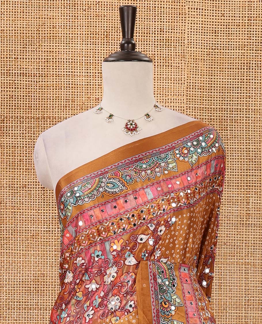 Mustard-base Red-base floral bandhani-theme printed & real mirror work masakali saree, self-border, printed mirror work pallu & matching blouse - Image 3