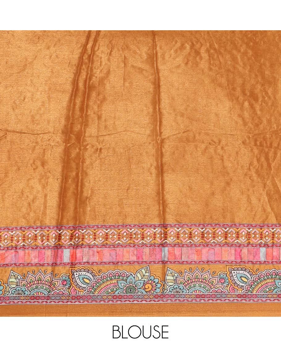 Mustard-base Red-base floral bandhani-theme printed & real mirror work masakali saree, self-border, printed mirror work pallu & matching blouse - Image 4