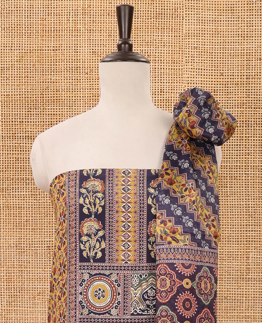 Mustard material chudidar set,floral-geometric Arjrakh print & stonework Masakali crepe top, plain bottom & Arjrakh print & stonework chinon dupatta - Image 3