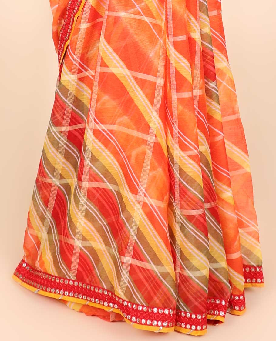 Muti-color geometric printed casual wear saree, embroidered patchwork border - Image 3