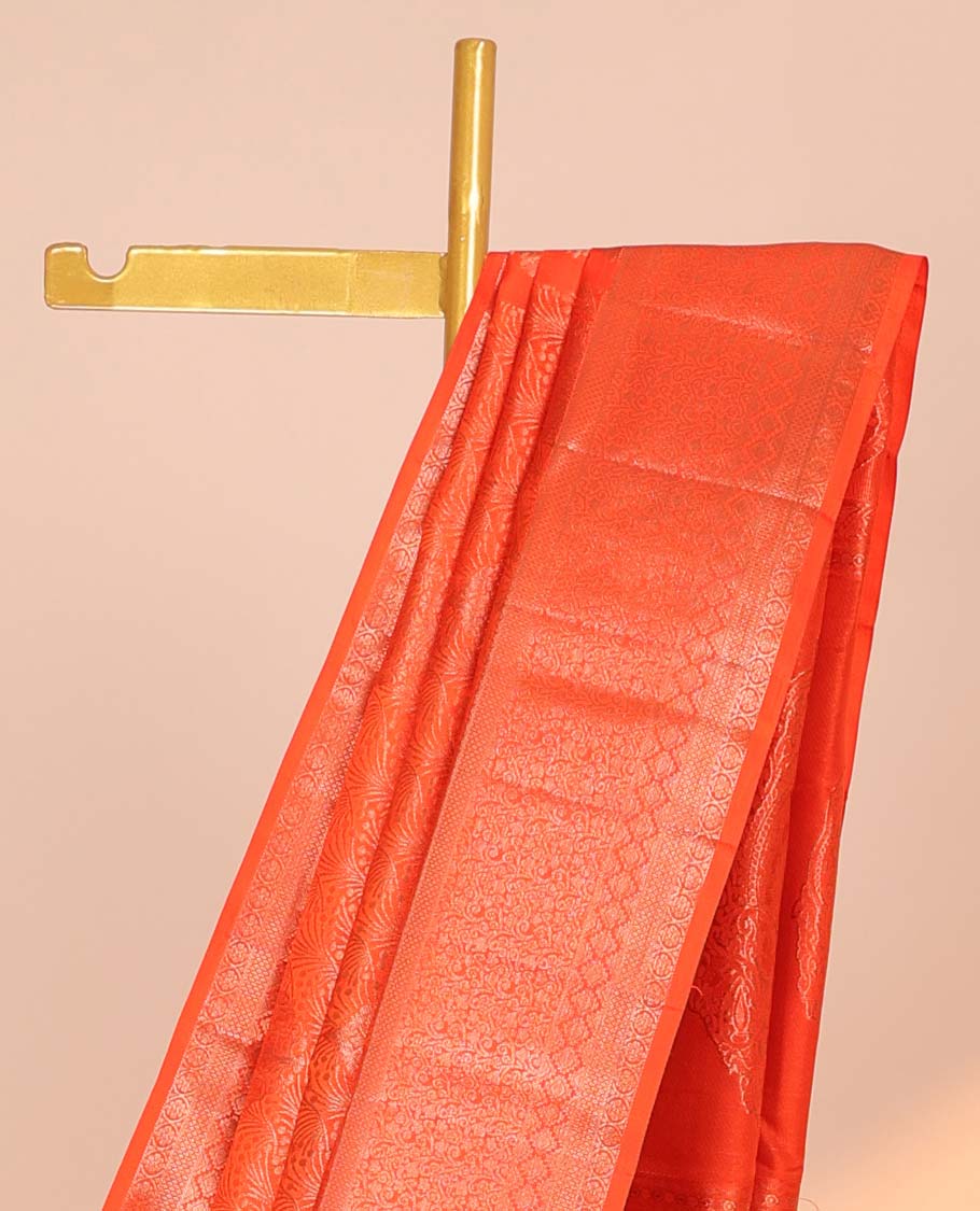 Orange jacquard kancheepuram wedding silksaree, intricate pallu & border of traditional designs - Image 3