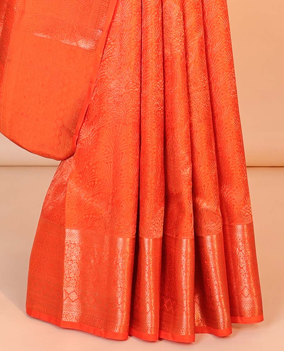 Orange jacquard kancheepuram wedding silksaree, intricate pallu & border of traditional designs - Image 4