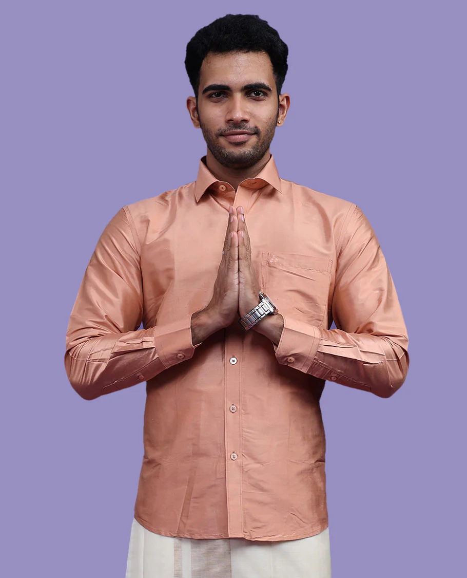 Peach plain design full-sleeve pure-silk shirt - Image 15
