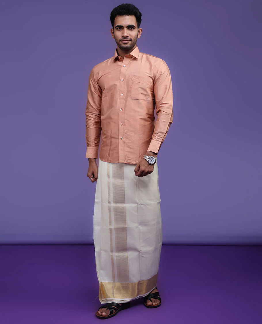 Peach plain design full-sleeve pure-silk shirt - Image 4