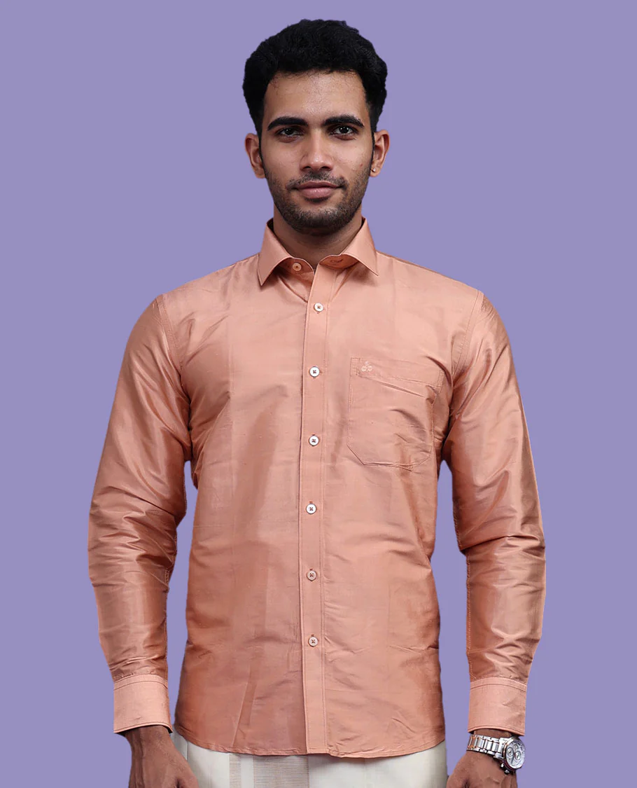 Peach plain design full-sleeve pure-silk shirt - Image 7