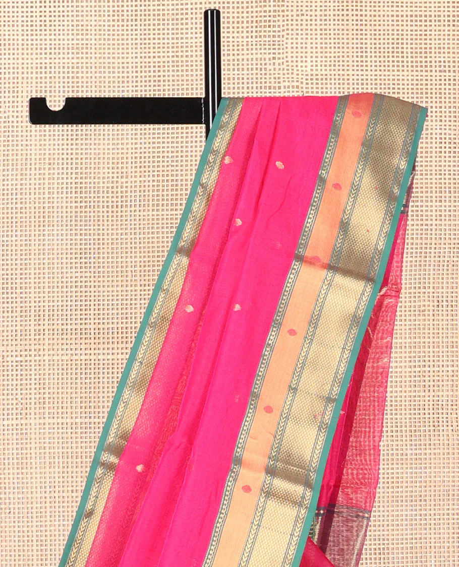 Pink motifs chanderi cotton saree with contrast zari design border & striped, floral design pallu - Image 3