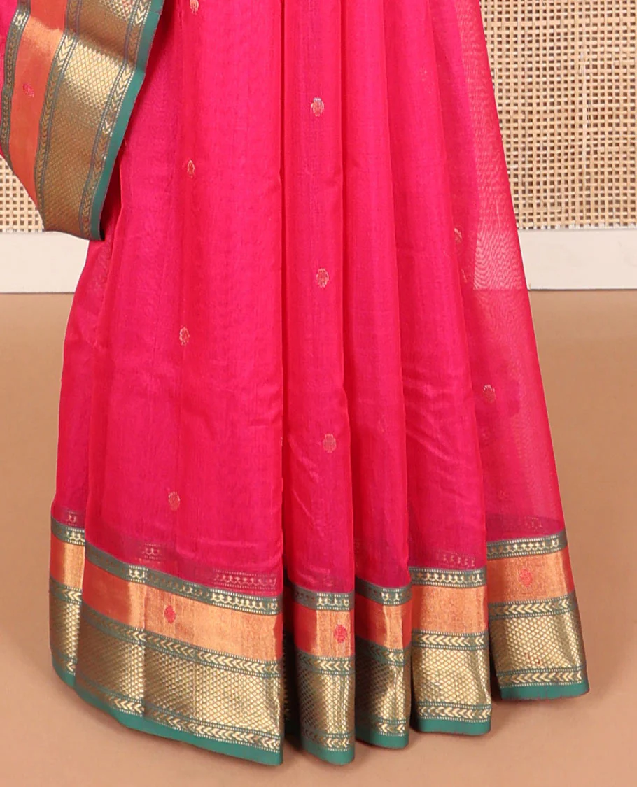 Pink motifs chanderi cotton saree with contrast zari design border & striped, floral design pallu - Image 4