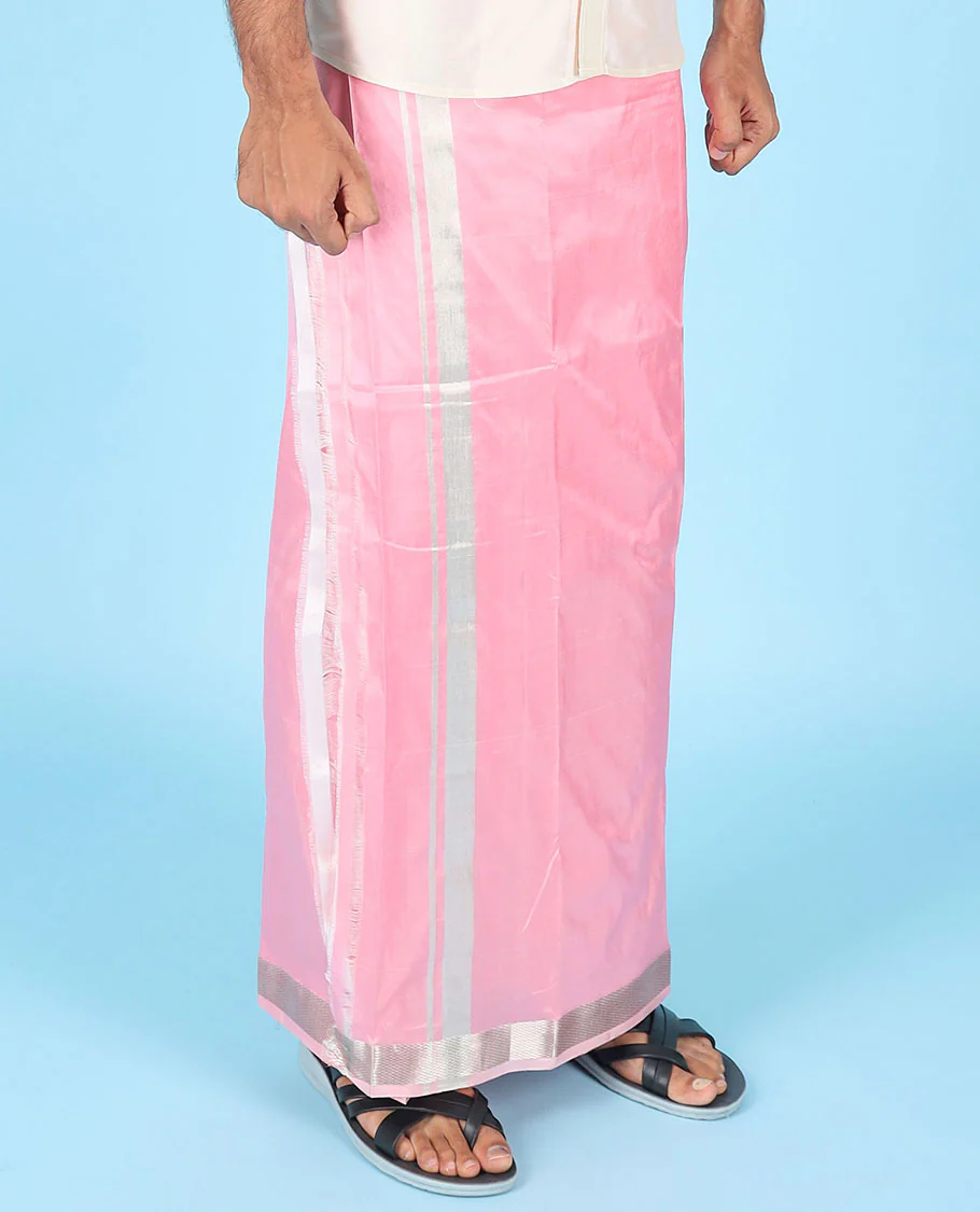 Pink pure kancheepuram wedding double-layer contrast silk dhoti & kuyil kann border angavastram - Image 3