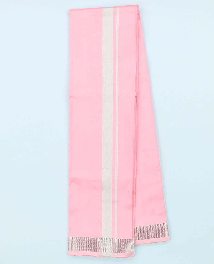 Pink pure kancheepuram wedding double-layer contrast silk dhoti & kuyil kann border angavastram - Image 4