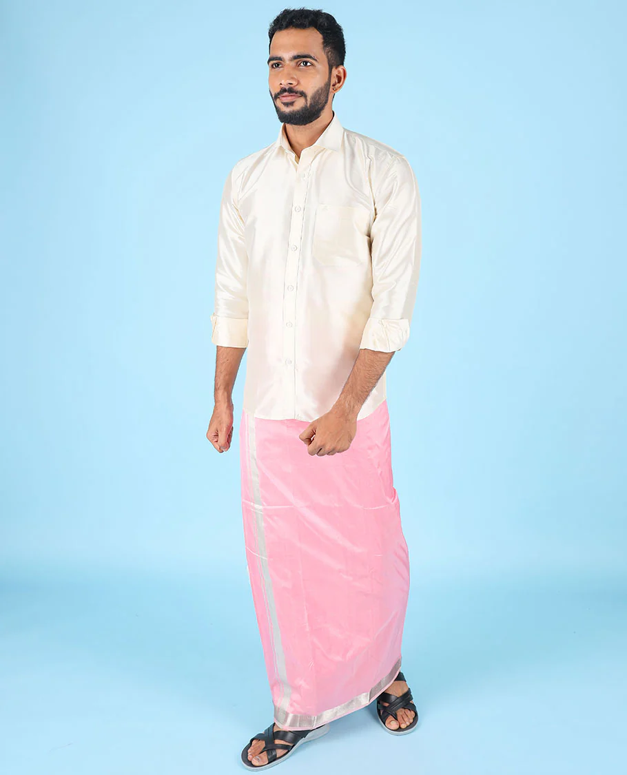 Pink pure kancheepuram wedding double-layer contrast silk dhoti & kuyil kann border angavastram - Image 5