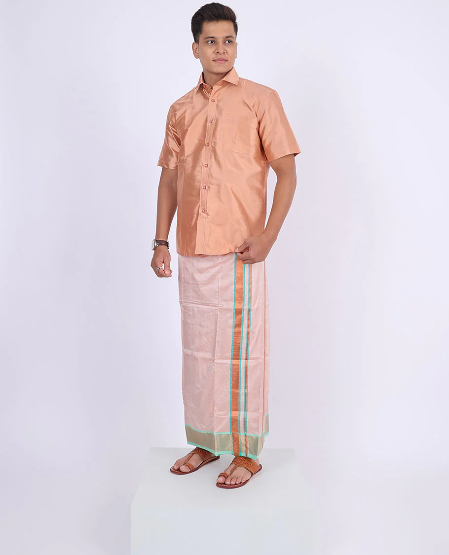 Pink zari border double-layer kanchipuram wedding pure silk dhoti - Image 3
