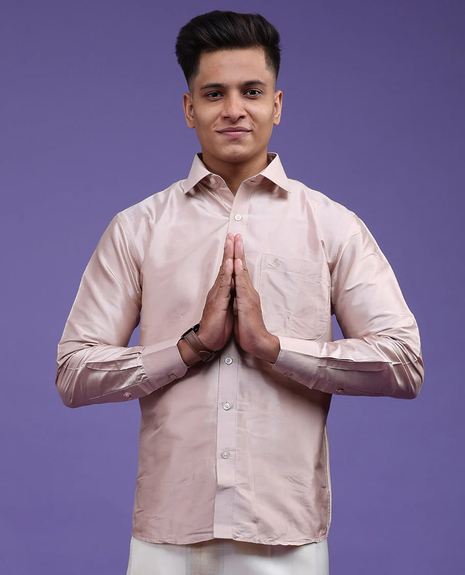 Cream plain design full-sleeve pure-silk shirt - Image 3