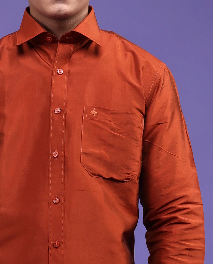 Orange plain design full-sleeve pure-silk shirt - Image 14