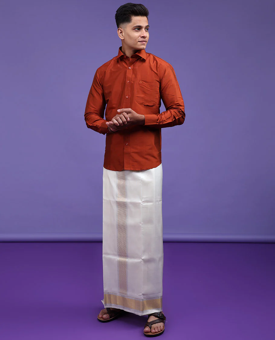 Orange plain design full-sleeve pure-silk shirt - Image 16